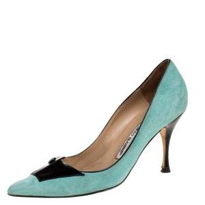 Pre Owned Manolo Blahnik Green Suede And Black Patent Button Embellished Pointed Toe Pumps Size 38