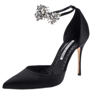Pre Owned Manolo Blahnik Black Satin Sicariata  Ankle Strap Pumps Size 38.5
