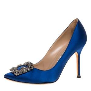 Pre Owned Manolo Blahnik Blue Satin Hangisi Embellished Pointed Toe Pumps Size 36.5