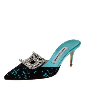 Manolo Blahnik Green Satin And Black Cut Out Suede Embellished Borli Mules Size 37