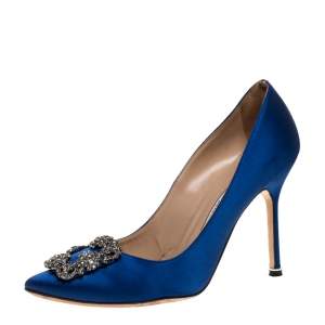 Pre Owned Manolo Blahnik Blue Satin Hangisi Crystal Embellished Pumps Size 38.5