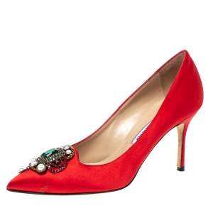 Pre Owned Manolo Blahnik Red Satin 'Eufrasia' Pointed Toe Pumps Size 37.5