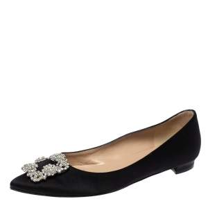 Pre Owned Manolo Blahnik Black Satin Hangisi Ballet Flats Size 38