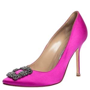 Pre Owned Manolo Blahnik Pink Satin Hangisi Crystal Embellished Pumps Size 38.5 