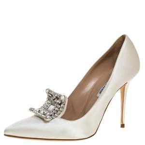 Pre Owned Manolo Blahnik White Satin Crystal Embellished Borlak Pumps Size 39