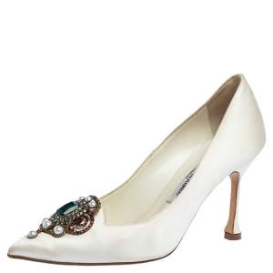 Pre Owned Manolo Blahnik White Satin Eufrasia Pointed Toe Pumps Size 36.5