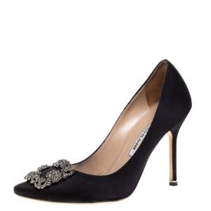 Pre Owned Manolo Blahnik Black Satin Hangisi Crystal Embellished Pumps Size 38.5