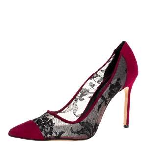 Pre Owned Manolo Blahnik Fuschia Pink Suede Leather And Lace Salola Pointed Toe Pumps Size 41