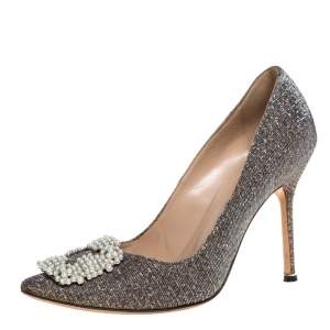 Pre Owned Manolo Blahnik Metallic Glitter Fabric Hangisi Pearl Embellished Pumps Size 39