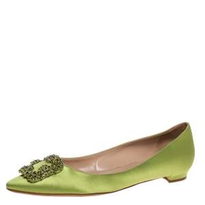Pre Owned Manolo Blahnik Green Satin Hangisi Crystal Embellished Ballet Flats Size 39.5