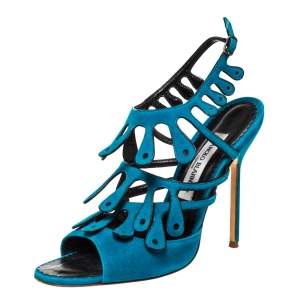 Manolo Blahnik Blue Suede Strappy Ankle Strap Sandals Size 39