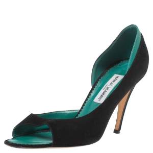 Pre Owned Manolo Blahnik Black/Green Suede And Leather D'Orsay Peep Toe Pumps Size 39