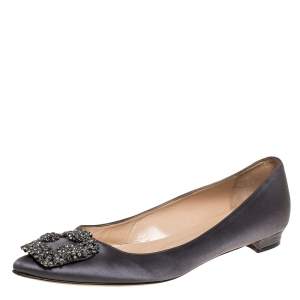 Pre Owned Manolo Blahnik Grey Satin Hangisi Ballet Flats Size 38.5