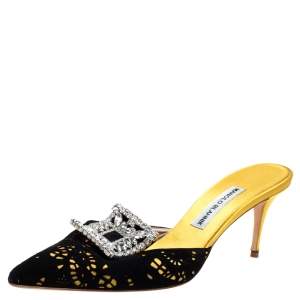 Manolo Blahnik Yellow/Black Satin and Laser Cut Suede Borli Crystal Embellished Mules Size 39.5