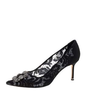 Pre Owned Manolo Blahnik Black Lace And Fabric Hangisi Crystal Embellished Pumps Size 42
