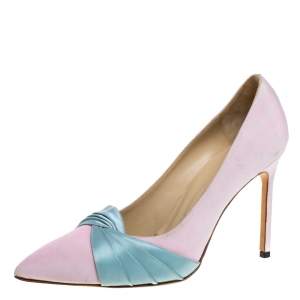 Pre Owned Manolo Blahnik Pink/Blue Canvas And Satin Criss Cross Pleated Pointed Toe Pumps Size 40