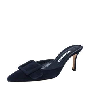 Manolo Blahnik Dark Blue Suede Maysale Pointed Toe Mule Sandals Size 40