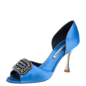 Manolo Blahnik Blue Satin Dorsay Pumps Size 38