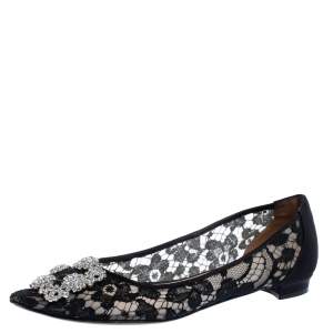 Pre Owned Manolo Blahnik Black Lace and Satin Hangisi Ballet Flats Size 38.5