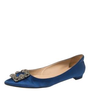 Pre Owned Manolo Blahnik Blue Satin Hangisi Crystal Embellished Ballet Flats Size 39