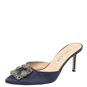 Manolo Blahnik Navy Blue Satin Hangisi Pointed Toe Mules Size 38.5