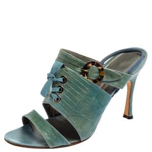 Manolo Blahnik Turquoise Lizard Corset Slingback Open Toe Sandals Size 40