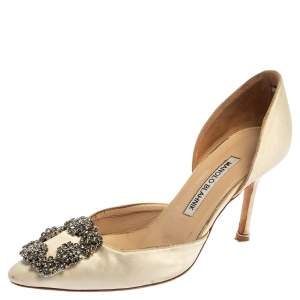 Pre Owned Manolo Blahnik White Satin Hangisi Crystal Embellished  D' Orsay Pumps Size 36