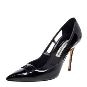 Pre Owned Manolo Blahnik Black Patent Leather Cut Out Pumps Size 39
