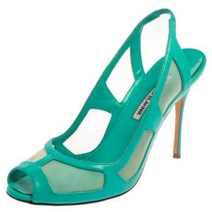 Manolo Blahnik Green Leather Slingback  Peep Toe Sandals Size 40