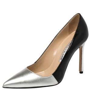 Pre Owned Manolo Blahnik Silver/Black Leather Osmana Pointed Toe Pumps Size 35.5
