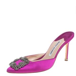 Pre Owned Manolo Blahnik Purple Satin Hangisi Crystal Embellished Sandals Size 38