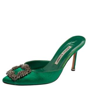 Manolo Blahnik Royal Green Satin Hangisi Pointed Toe Mules Size 36.5 