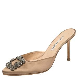 Manolo Blahnik Beige Satin Hangisi Mules Size 39.5