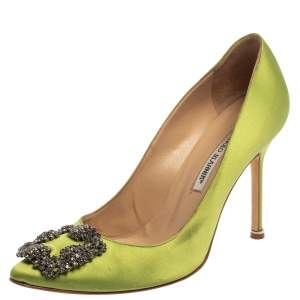 Pre Owned Manolo Blahnik Green Satin Hangisi  Pumps Size 39.5