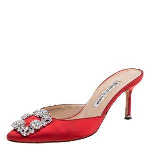 Manolo Blahnik Red Satin Hangisi Embellished Mules Size 37