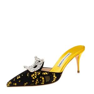 Manolo Blahnik Yellow/Black Satin and Laser Cut Suede Borli Crystal Embellished Mules Size 38.5
