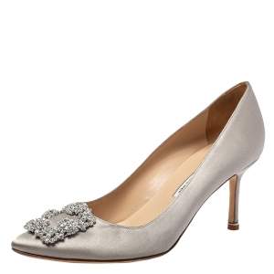 Pre Owned Manolo Blahnik Grey Satin Hangisi Pumps Size 39