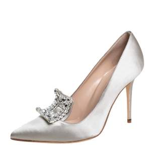 Pre Owned Manolo Blahnik Grey Satin Borlak Embellished Pumps Size 37.5