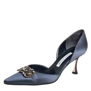 Pre Owned Manolo Blahnik Blue Satin Crystal Embellished Pumps Size 40.5