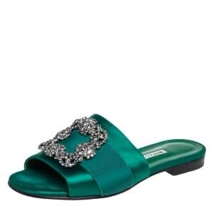 Manolo Blahnik Green Satin Crystal Martamod Flat Sandals size 37