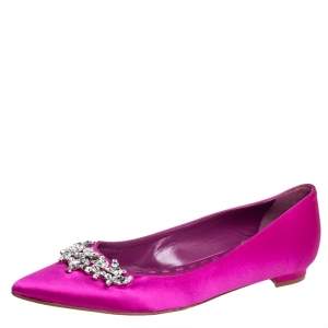 Pre Owned Manolo Blahnik Fuchsia Satin Lurum Embellished Ballet Flats Size 37