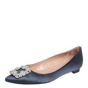 Pre Owned Manolo Blahnik Grey Satin Hangisi Ballet Flats Size 39.5