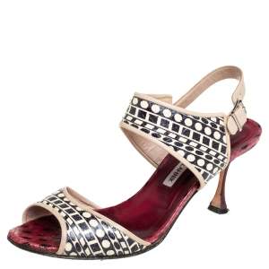 Pre Owned Manolo Blahnik Cream/Black Leather Ankle Strap Sandals Size 38.5