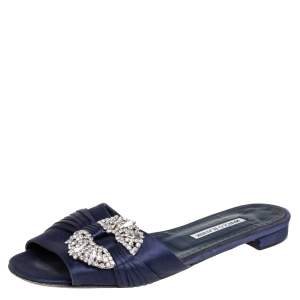 Pre Owned Manolo Blahnik  Navy Blue Satin Crystal Flat Sandals Size 39