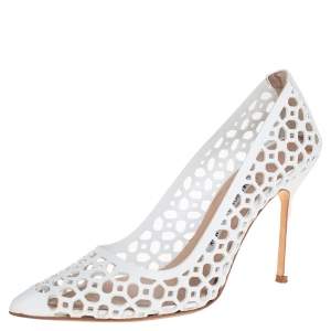 Pre Owned Manolo Blahnik White Laser Cut Leather BB Laserato Pumps Size  35.5