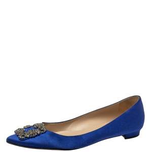 Pre Owned Manolo Blahnik Blue Satin Hangisi Flats Size 39.5