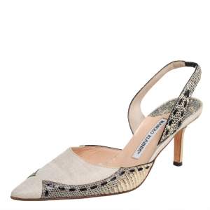 Pre Owned Manolo Blahnik Beige Fabric And Snake Leather Slingback Pumps Size 38