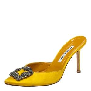  Manolo Blahnik Yellow Satin Hangisi Mules Size 40