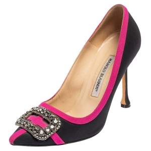 Pre Owned Manolo Blahnik Black/Pink Fabric Gotrian Crystal Embellished Pumps Size 37