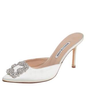 Manolo Blahnik White Satin Hangisi Crystal Embellished Mules Size 38